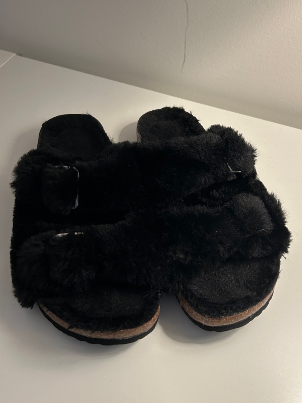 Black Faux Fur Slide hard bottom slippers